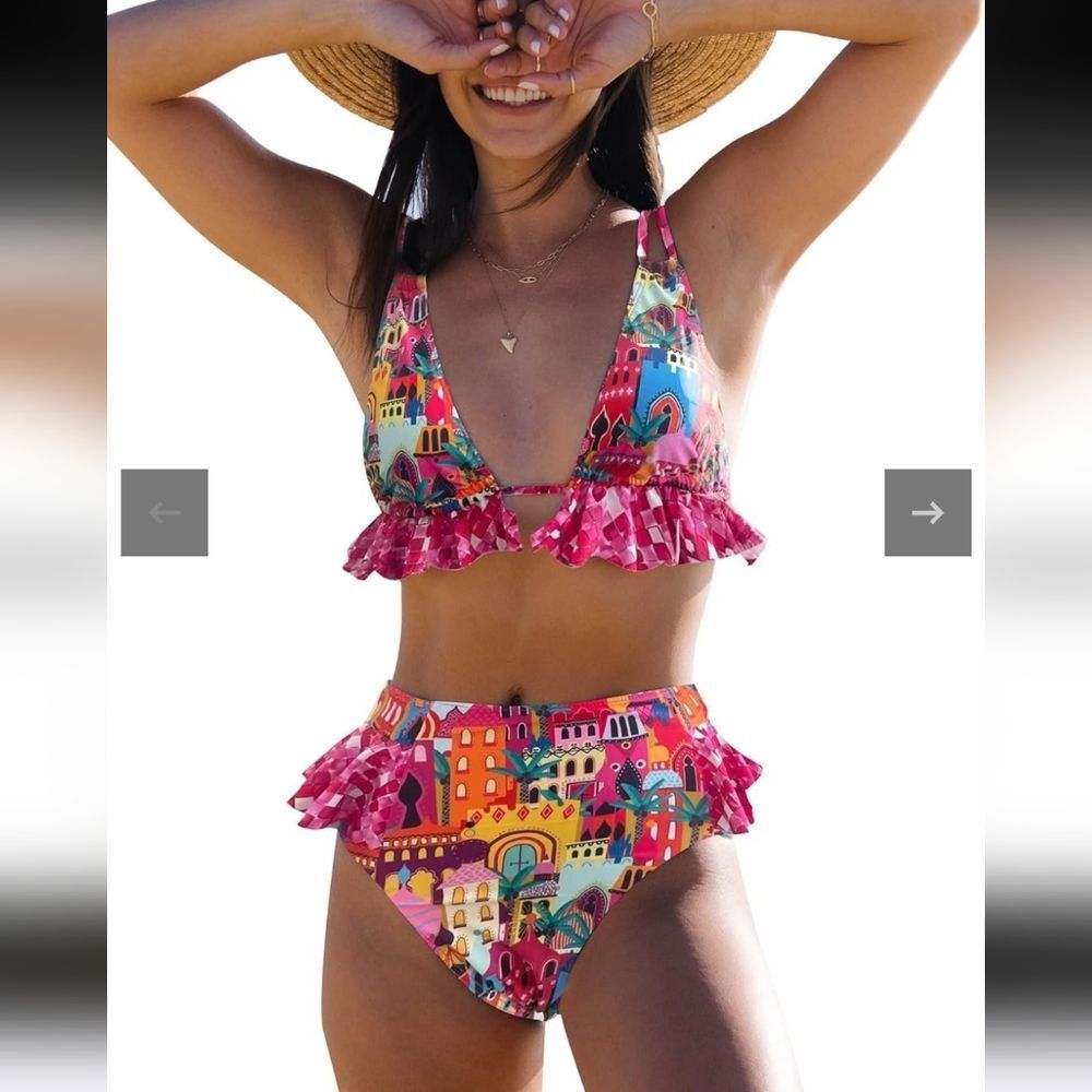 Sporlike Women's Colorful High Waist Tropical Ruffle V Neck Bikini Set sz XL